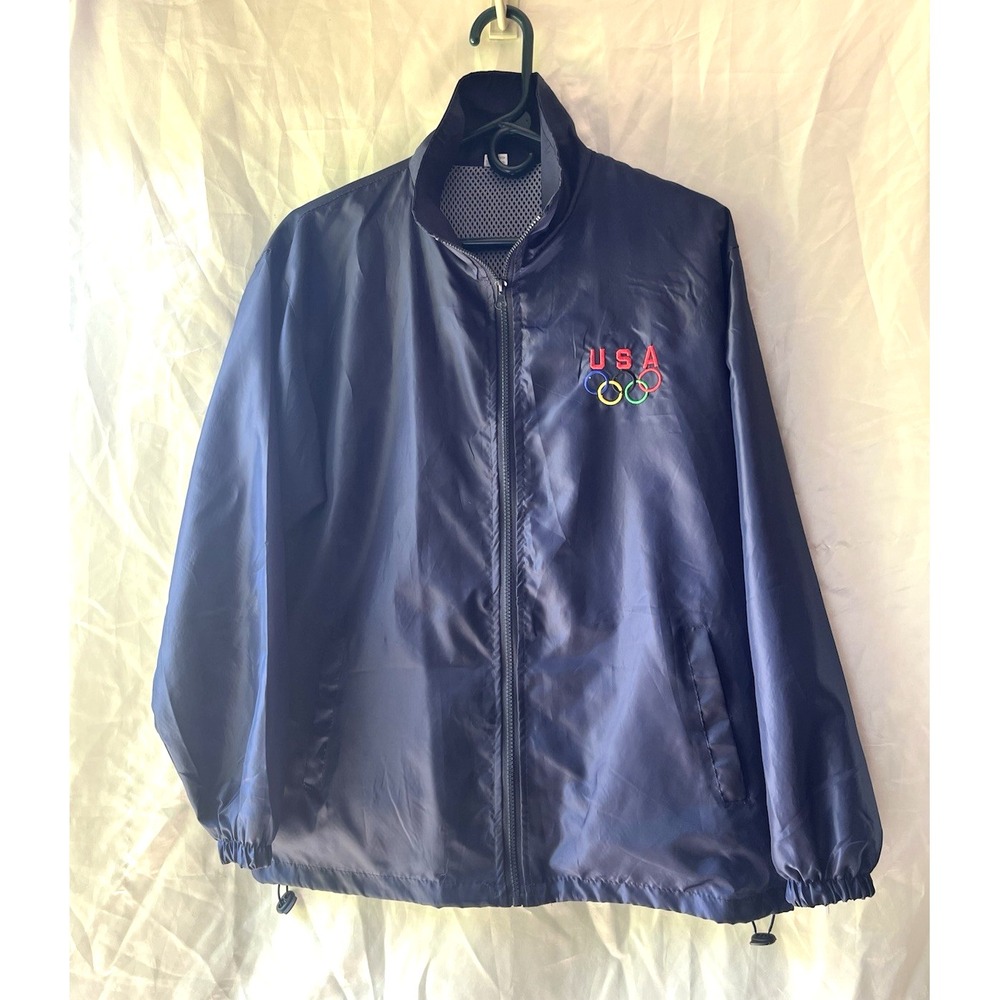 USA Olympics Windbreaker Jacket Men's Size Medium Navy Blue Mesh Lining Full Zip